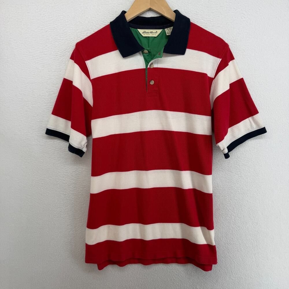 EDDIE BAUER Shirt Mens S Polo Rugby Striped Short Sleeve Pique Cotton Red VTG